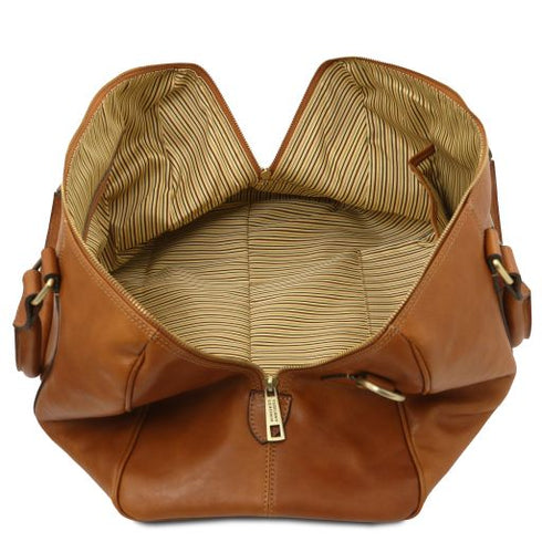 TL Voyager - Travel leather duffle bag with pocket on the back side - Small size